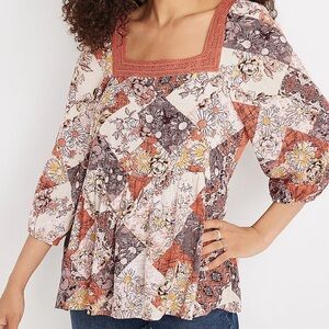Maurices Crochet Trim Patchwork Babydoll Blouse